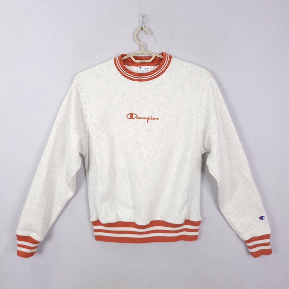 Champion Reverse Weave Sweater Mens Small White Orange Crewneck Pullover Stripe
